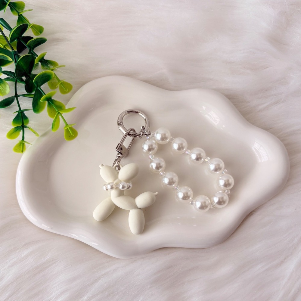 White Balloon Dog Keychain/ Bag Charm Pearl‎ Detail
